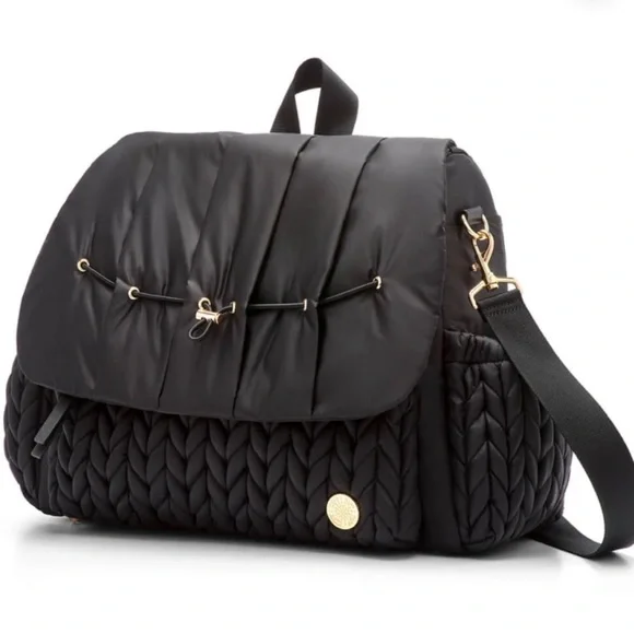 HAPP Levy Elegant Black Gold Trim Quilted Baby Shoulder Bag convertible Backpack - Picture 10 of 16